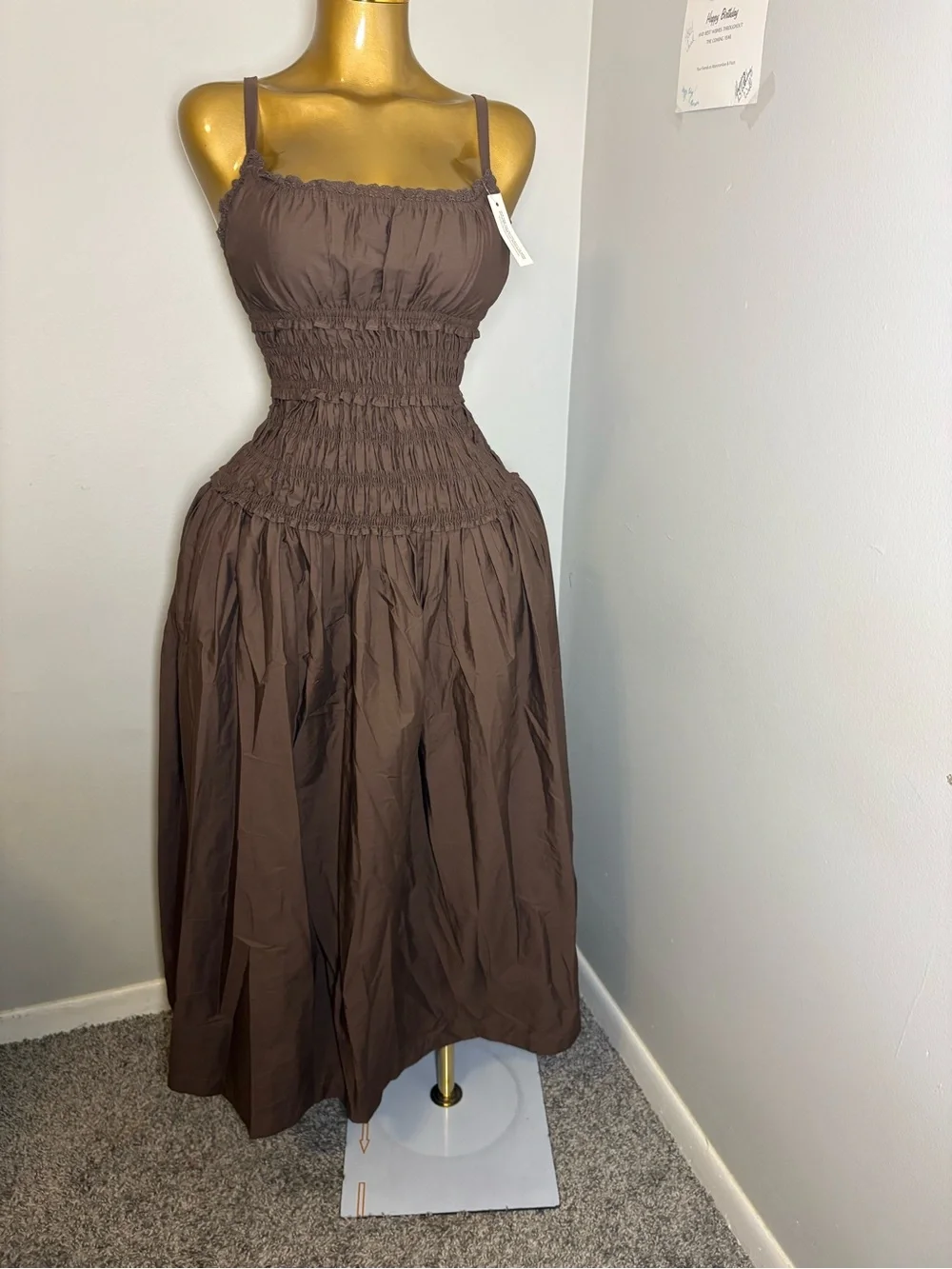 Abercrombie & Fitch Bra-Free Smocked Drop-Waist Maxi Dress in the color Chestnu
